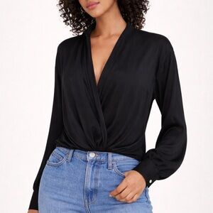 Free People Intimately Black Draped Thong Bodysuit – Long Sleeve